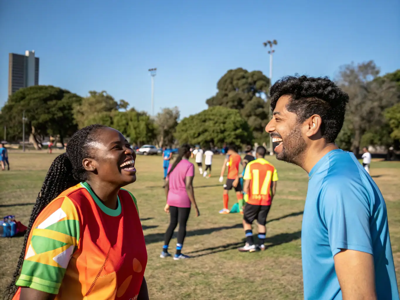 A candid shot of members socializing and enjoying refreshments after a soccer match, highlighting the social aspect of USLS.