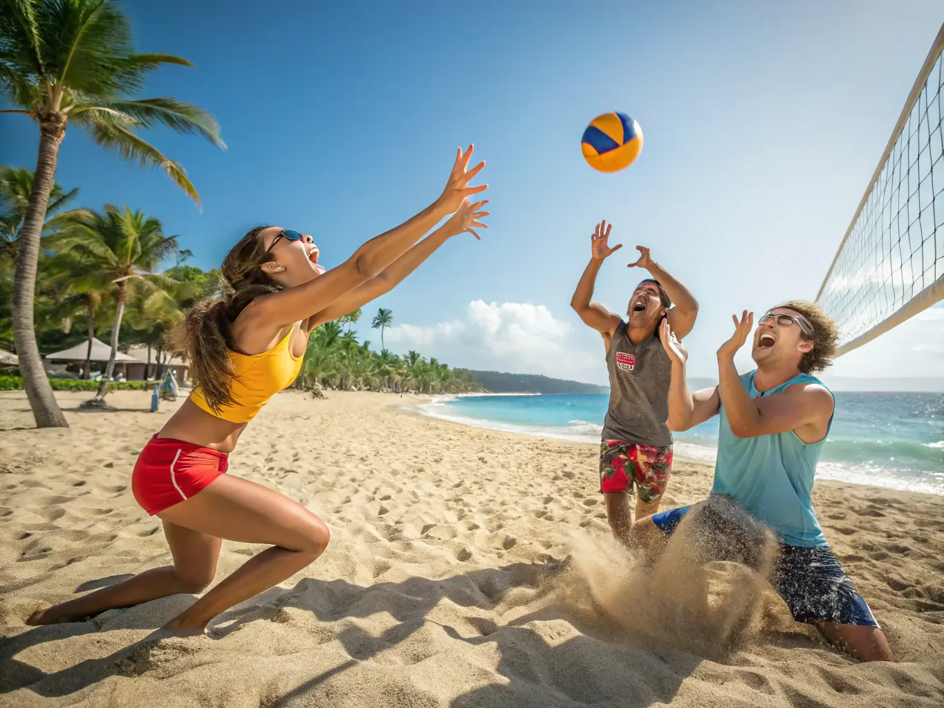 A group of diverse individuals laughing and high-fiving after a volleyball game, symbolizing teamwork and camaraderie within USLS.